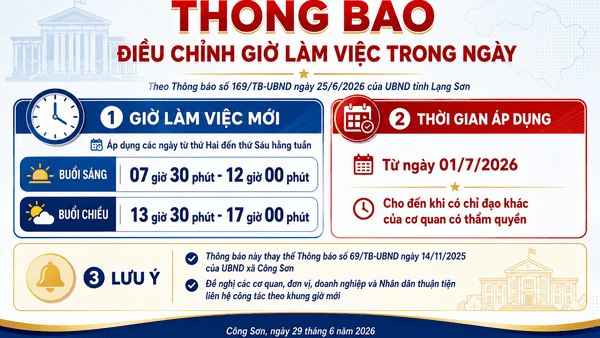 XÃ CÔNG SƠN THÔNG BÁO ĐIỀU CHỈNH GIỜ LÀM VIỆC TRONG NGÀY TỪ NGÀY 01/7/2026